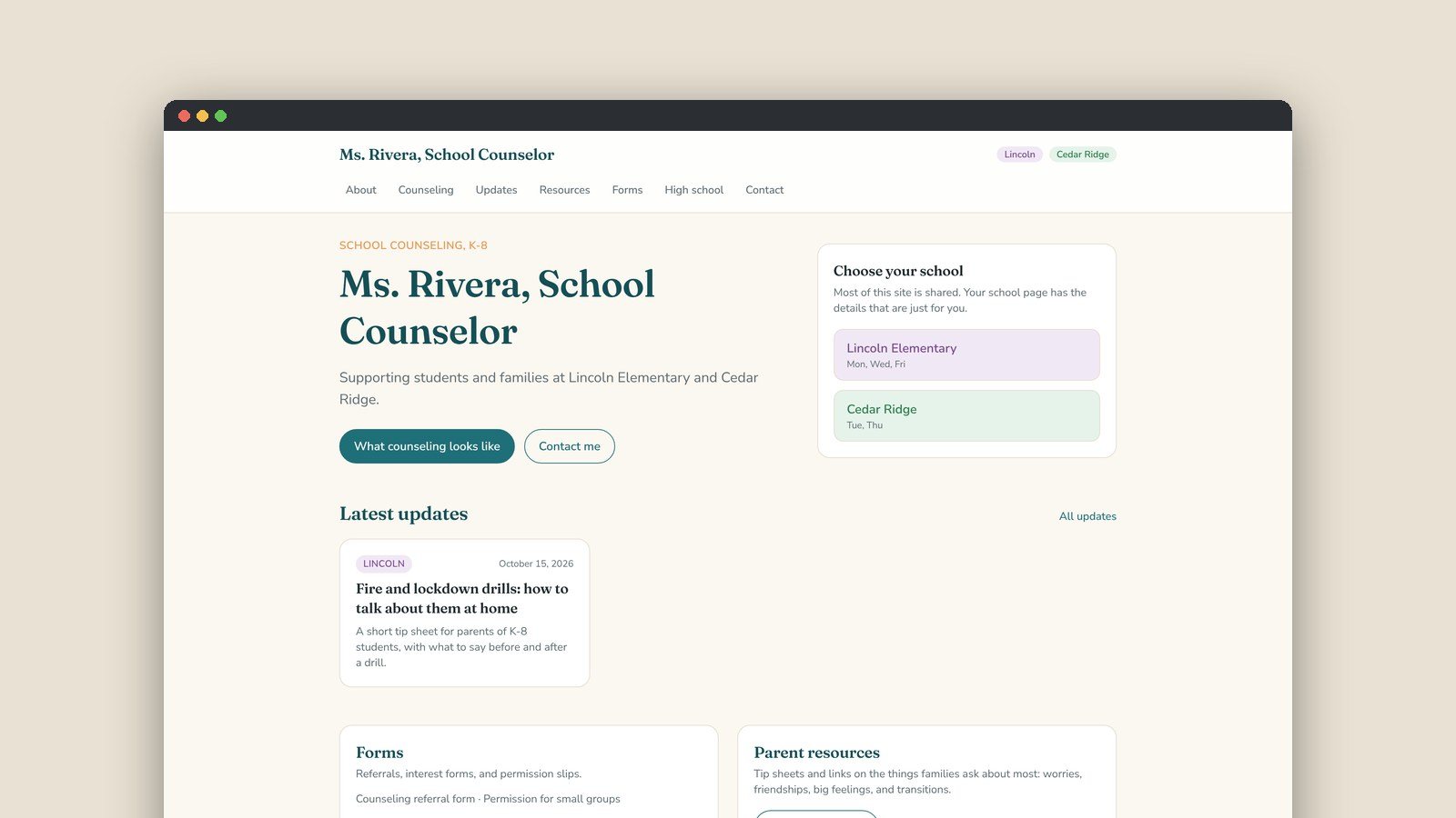 A school counselor's site with a school picker and latest updates, shown with sample names