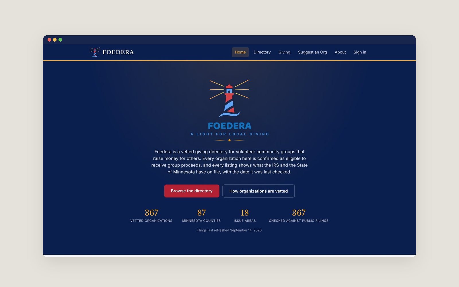 The Foedera homepage: a lighthouse logo, a short description, and counts of 367 vetted organizations in 87 Minnesota counties