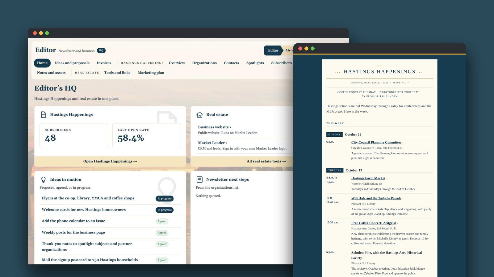 The Hastings Happenings editor portal shown with sample data, with the October 12 issue in front