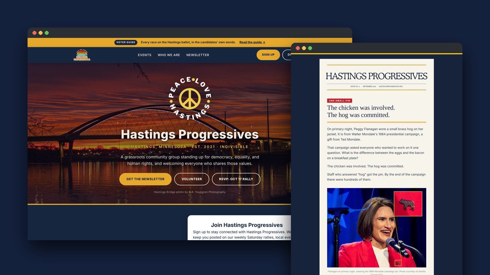 The Hastings Progressives homepage, with an issue of its email newsletter in front