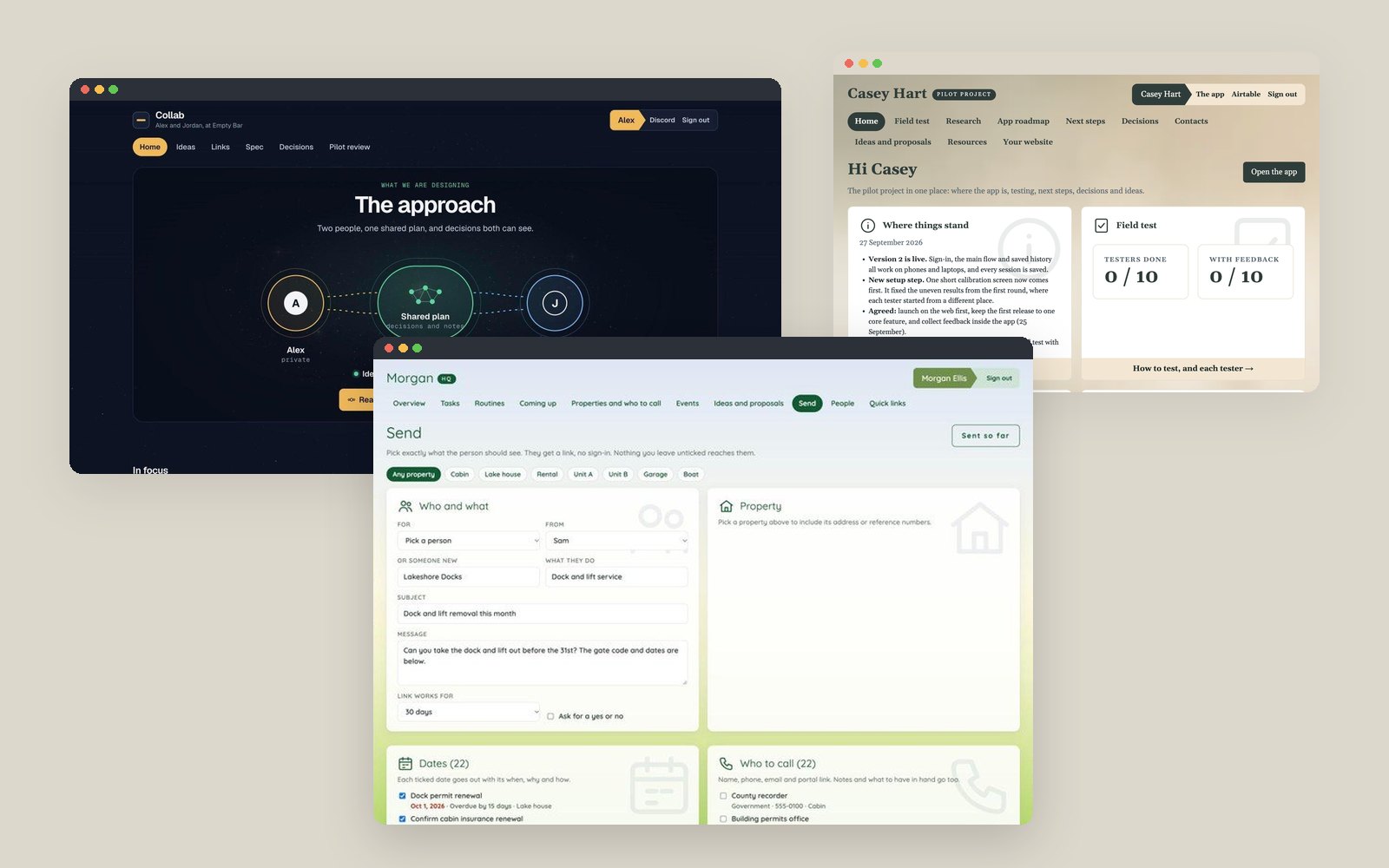 Three private client sites: a shared project workspace with a plan between two people, a pilot project portal with status, a field test and next steps, and a household workspace's Send page for sharing details with a vendor